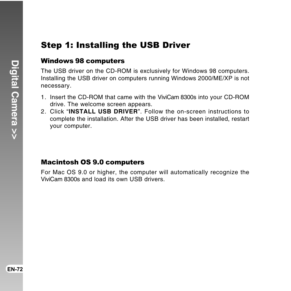 Digital camera, Step 1: installing the usb driver | Vivitar ViviCam 8300s User Manual | Page 72 / 85
