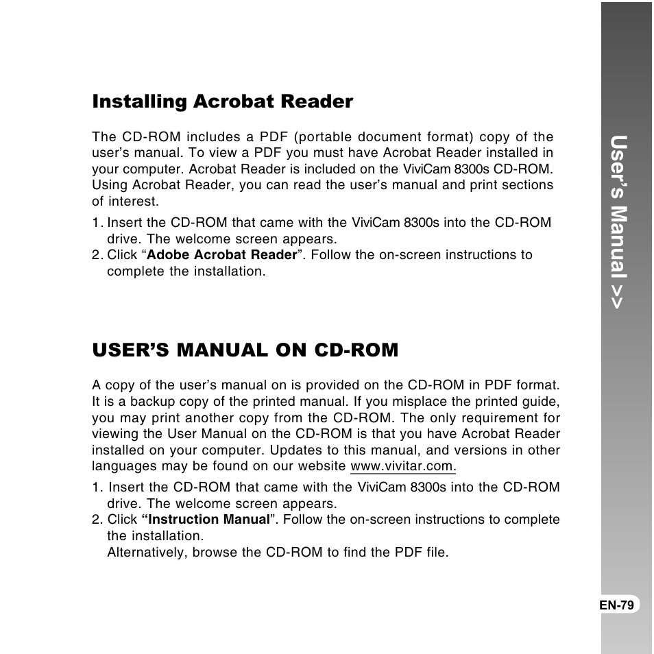 User’s manual, Installing acrobat reader, User’s manual on cd-rom | Vivitar ViviCam 8300s User Manual | Page 79 / 85