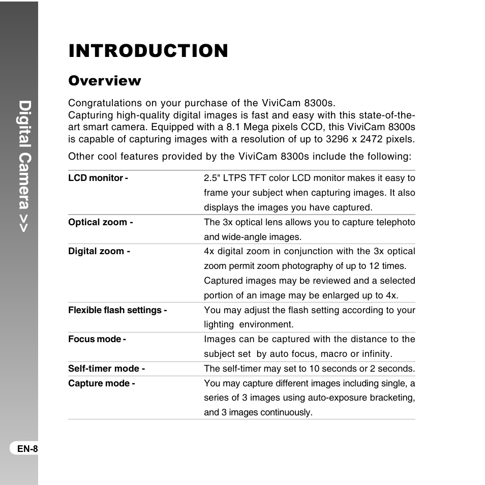 Introduction, Digital camera, Overview | Vivitar ViviCam 8300s User Manual | Page 8 / 85