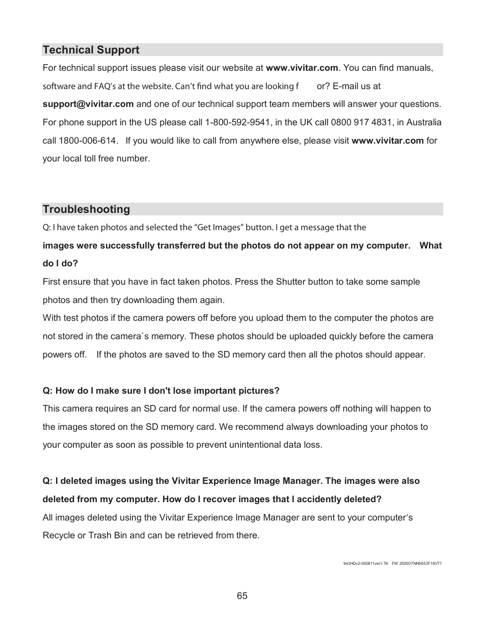 Technical support, Troubleshooting | Vivitar DIGITAL VIDEO RECORDER DVR 943HDv2 User Manual | Page 65 / 65