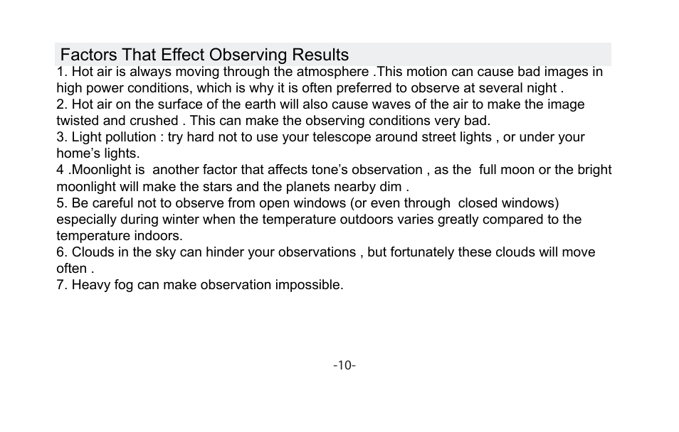 Factors that effect observing results | Vivitar VIV-TEL-76700 User Manual | Page 11 / 16