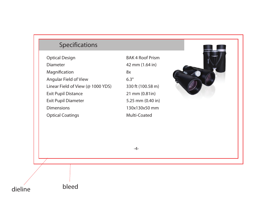Specifications, Dieline bleed | Vivitar VIV-AV-842 User Manual | Page 5 / 8
