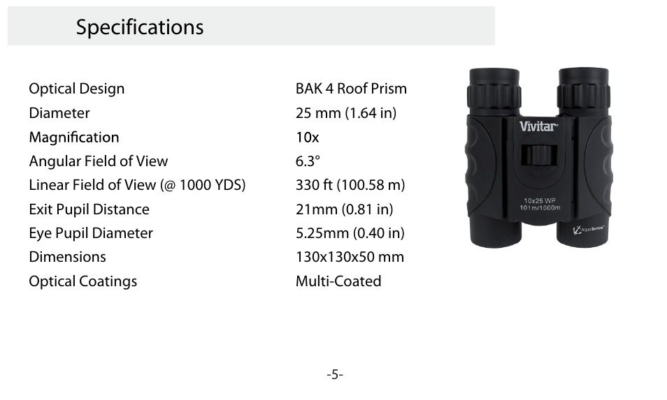 Specifications | Vivitar VIV-AV-1025 User Manual | Page 6 / 8