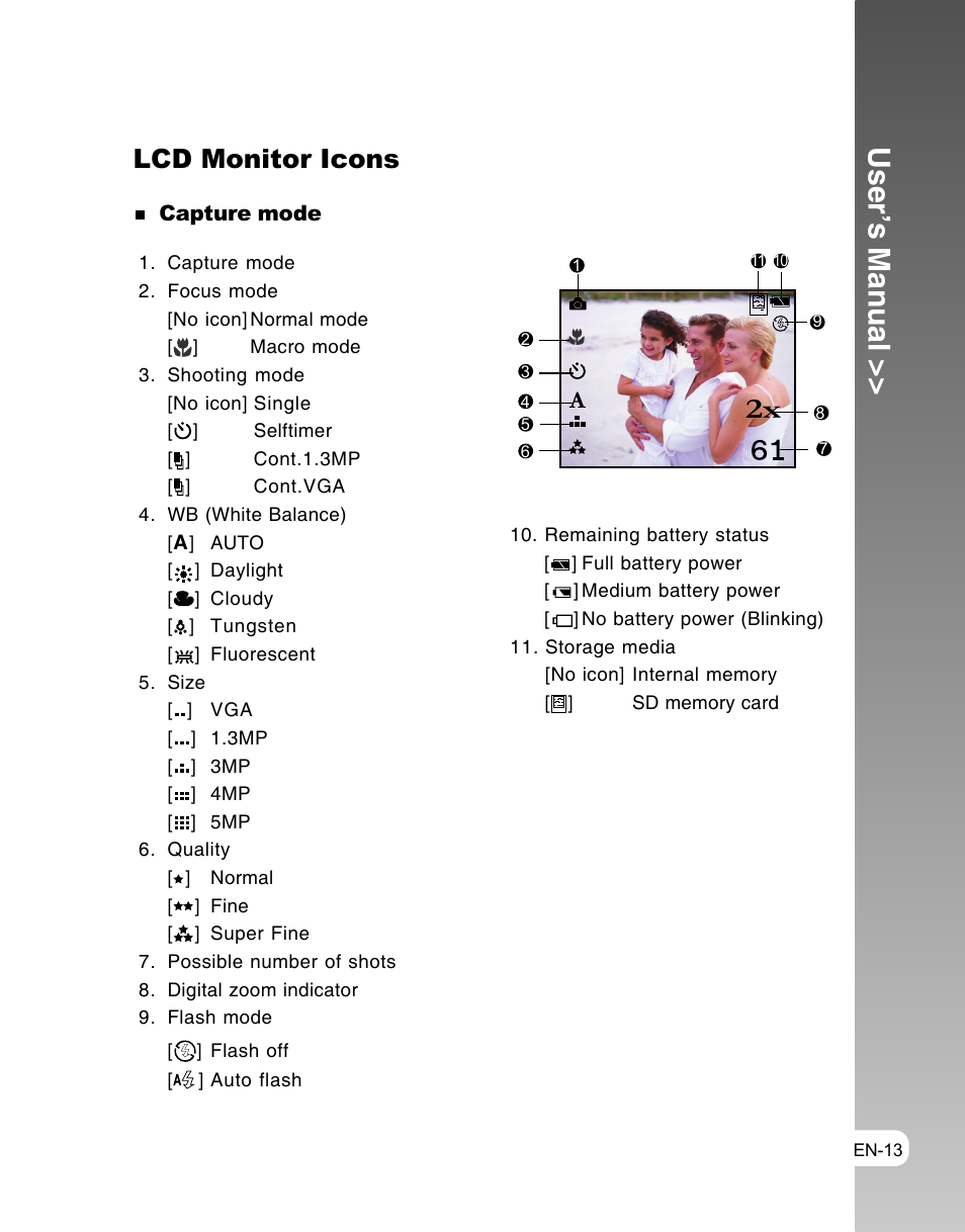 User’s manual, Lcd monitor icons | Vivitar ViviCam 3105s User Manual | Page 13 / 45