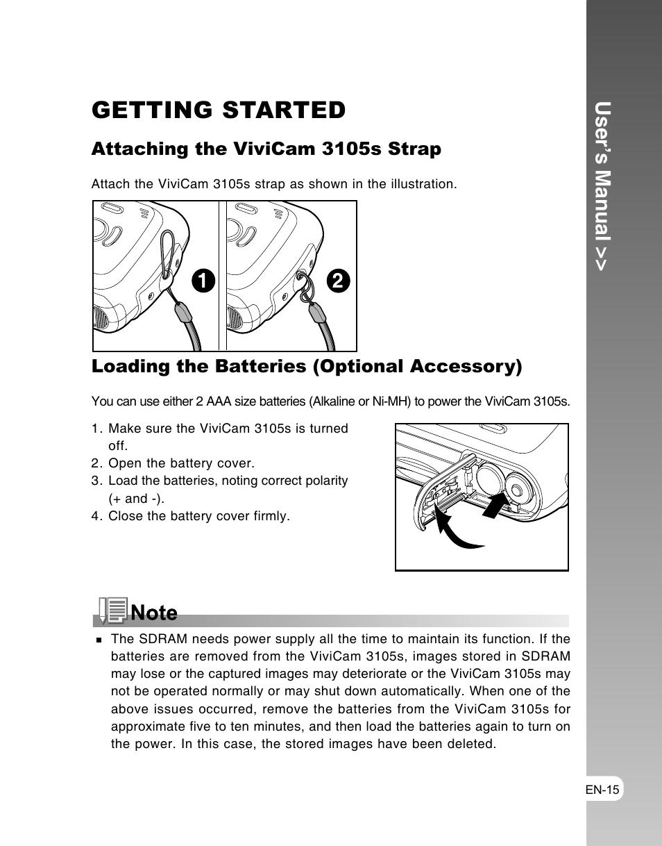 Getting started, User’s manual, Attaching the vivicam 3105s strap | Loading the batteries (optional accessory) | Vivitar ViviCam 3105s User Manual | Page 15 / 45