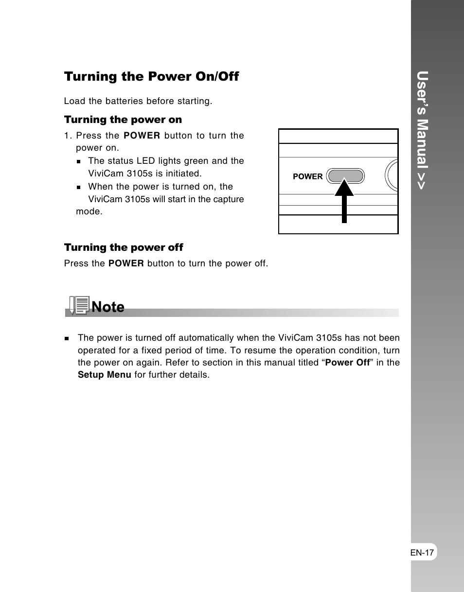 User’s manual, Turning the power on/off | Vivitar ViviCam 3105s User Manual | Page 17 / 45