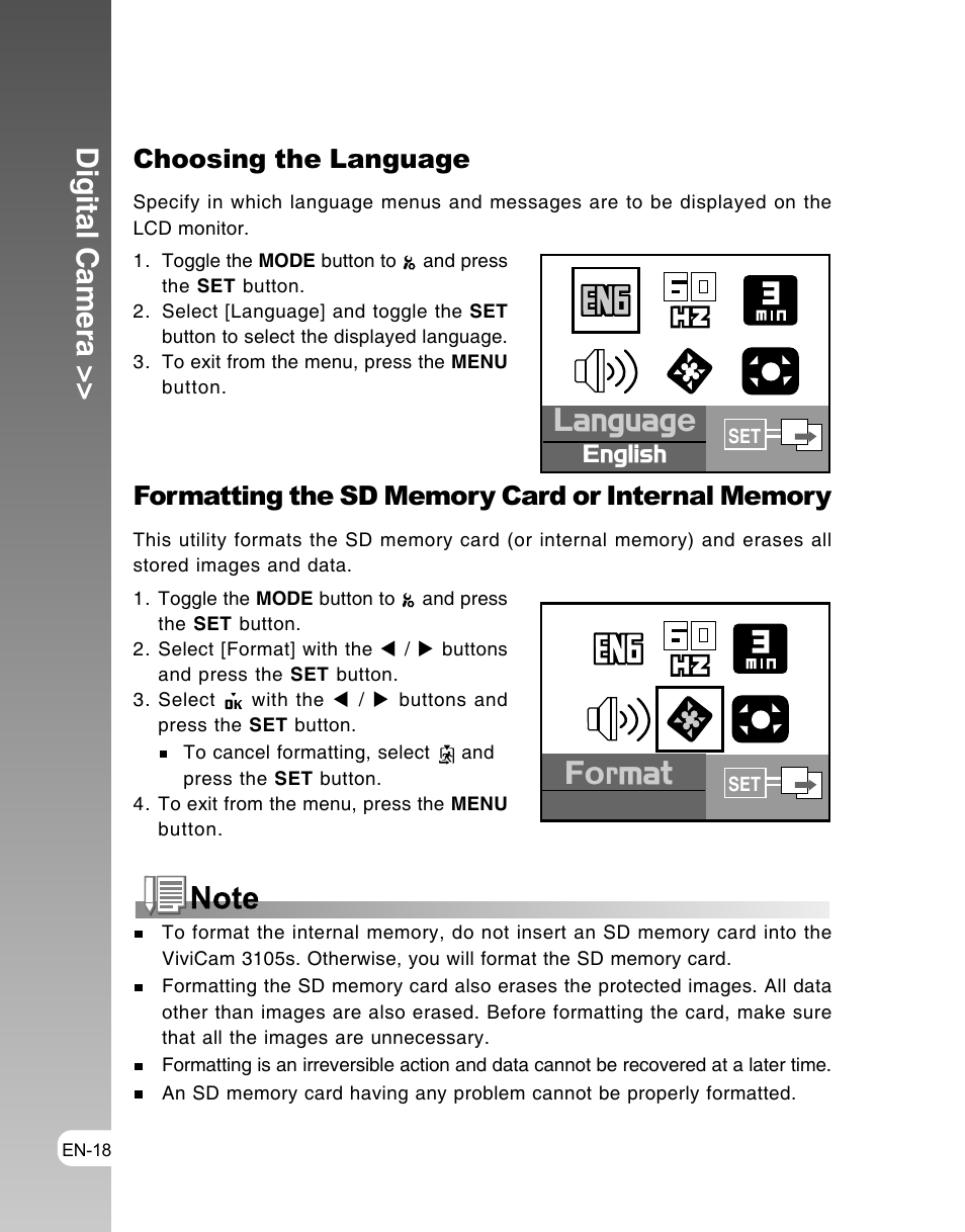 Language, Fo r mat, Digital camera | Choosing the language, English | Vivitar ViviCam 3105s User Manual | Page 18 / 45