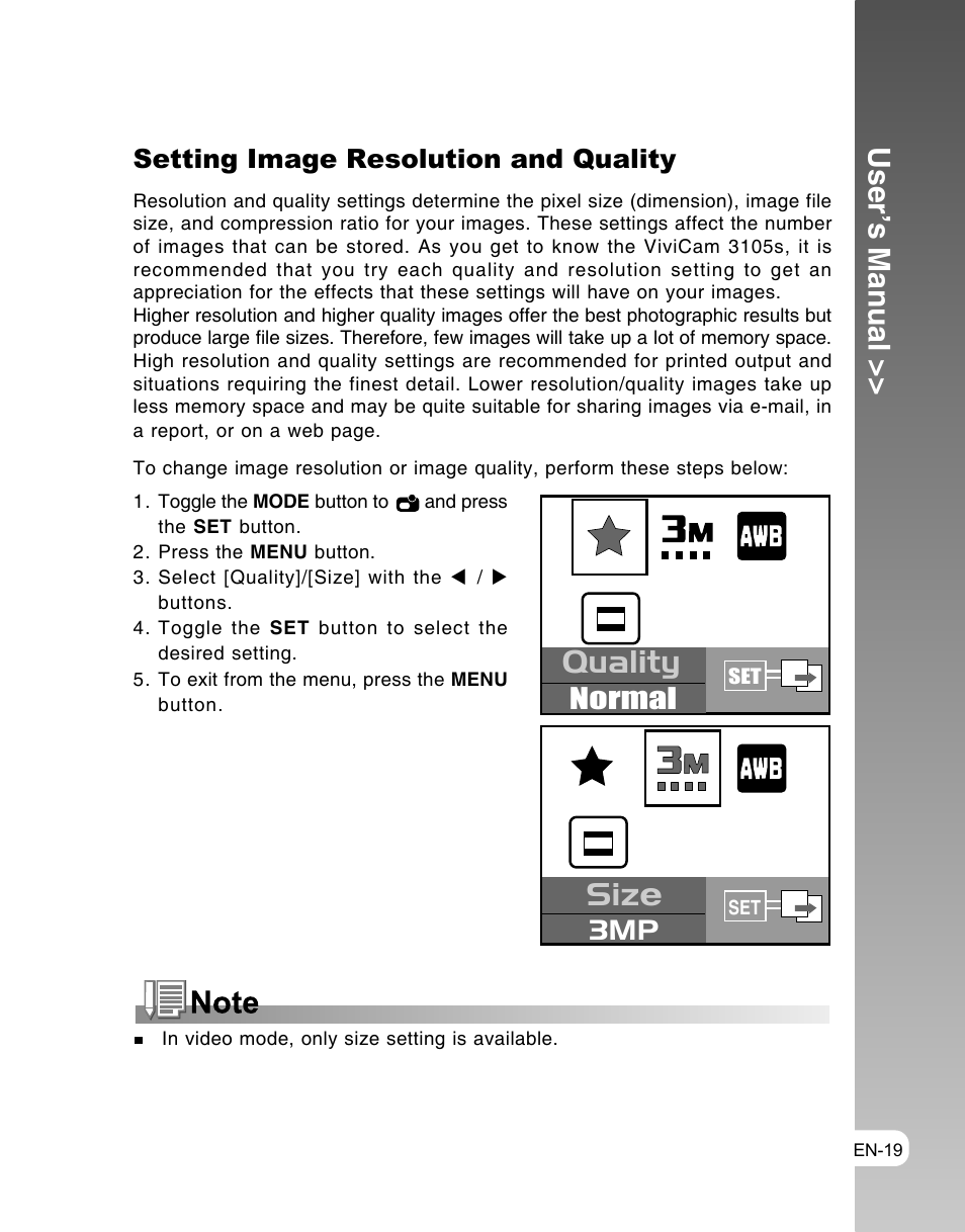 Quality, Siz e, User’s manual | Normal, Setting image resolution and quality | Vivitar ViviCam 3105s User Manual | Page 19 / 45