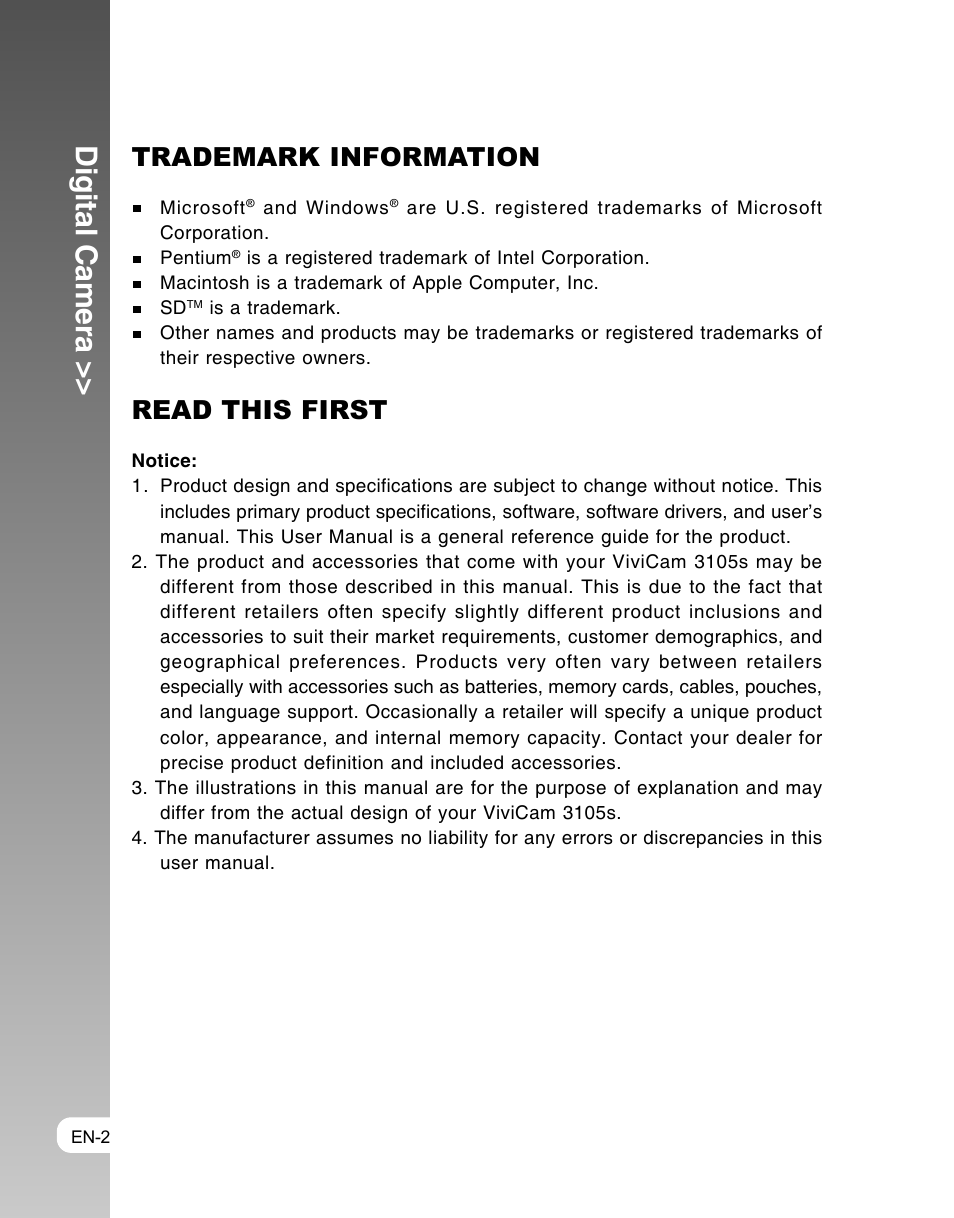 Digital camera, Trademark information, Read this first | Vivitar ViviCam 3105s User Manual | Page 2 / 45