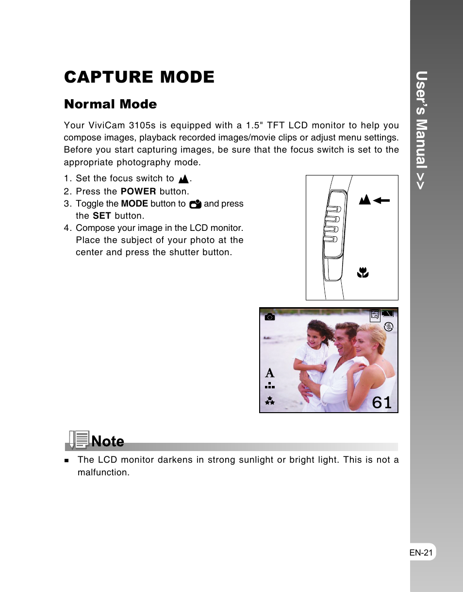Capture mode, User’s manual, Normal mode | Vivitar ViviCam 3105s User Manual | Page 21 / 45