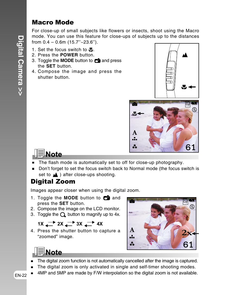 Digital camera, Macro mode, Digital zoom | Vivitar ViviCam 3105s User Manual | Page 22 / 45