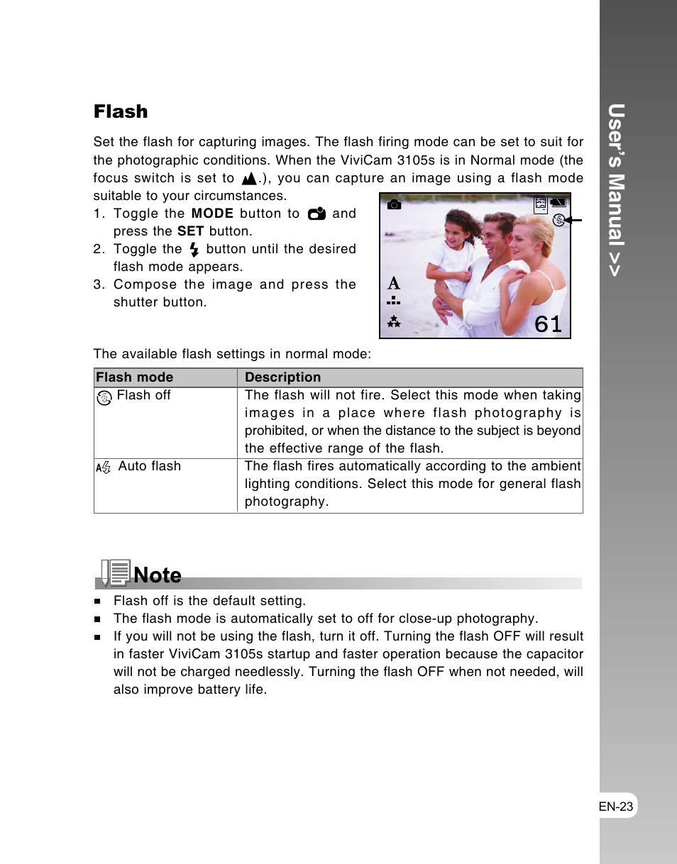 User’s manual, Flash | Vivitar ViviCam 3105s User Manual | Page 23 / 45