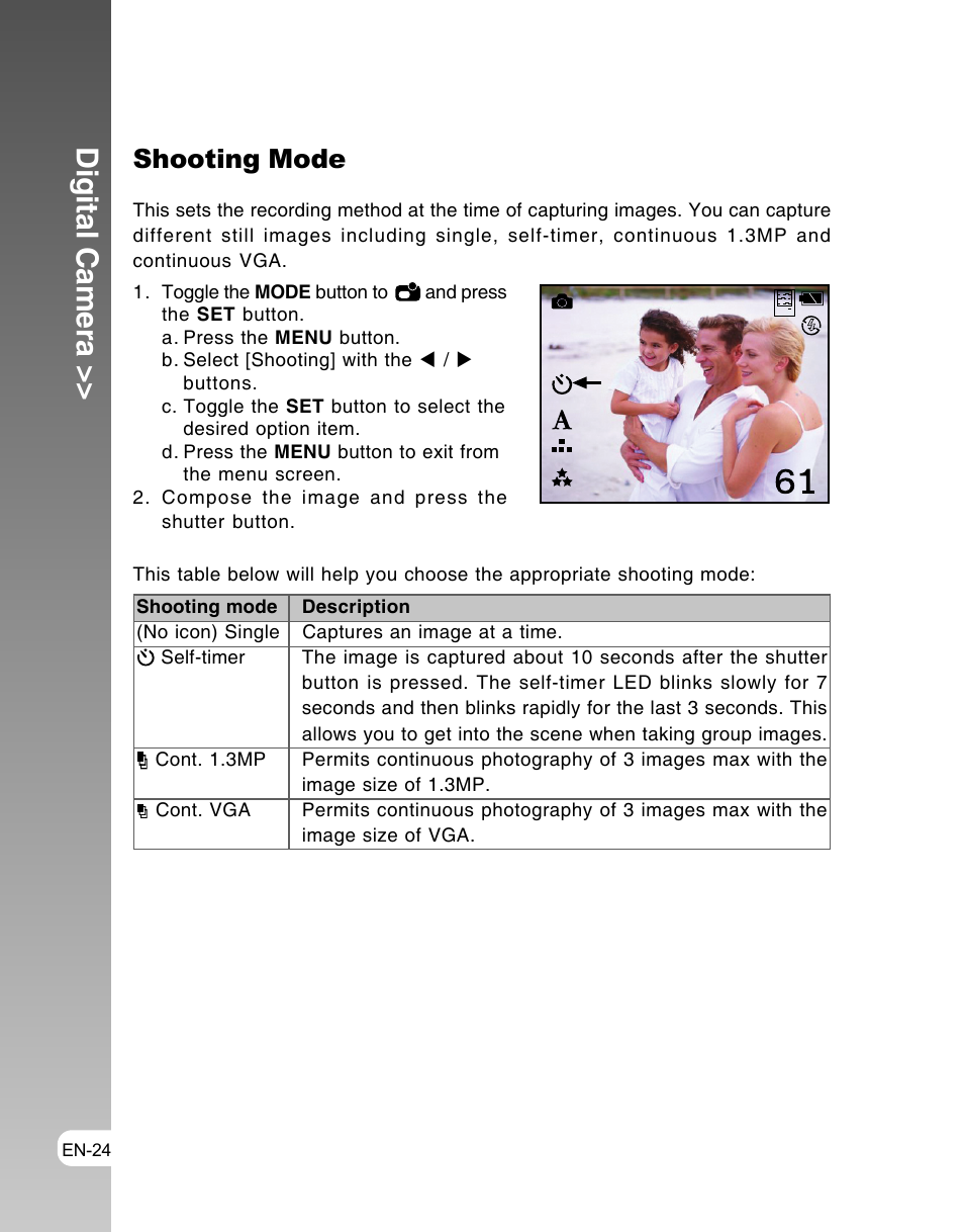 Digital camera, Shooting mode | Vivitar ViviCam 3105s User Manual | Page 24 / 45