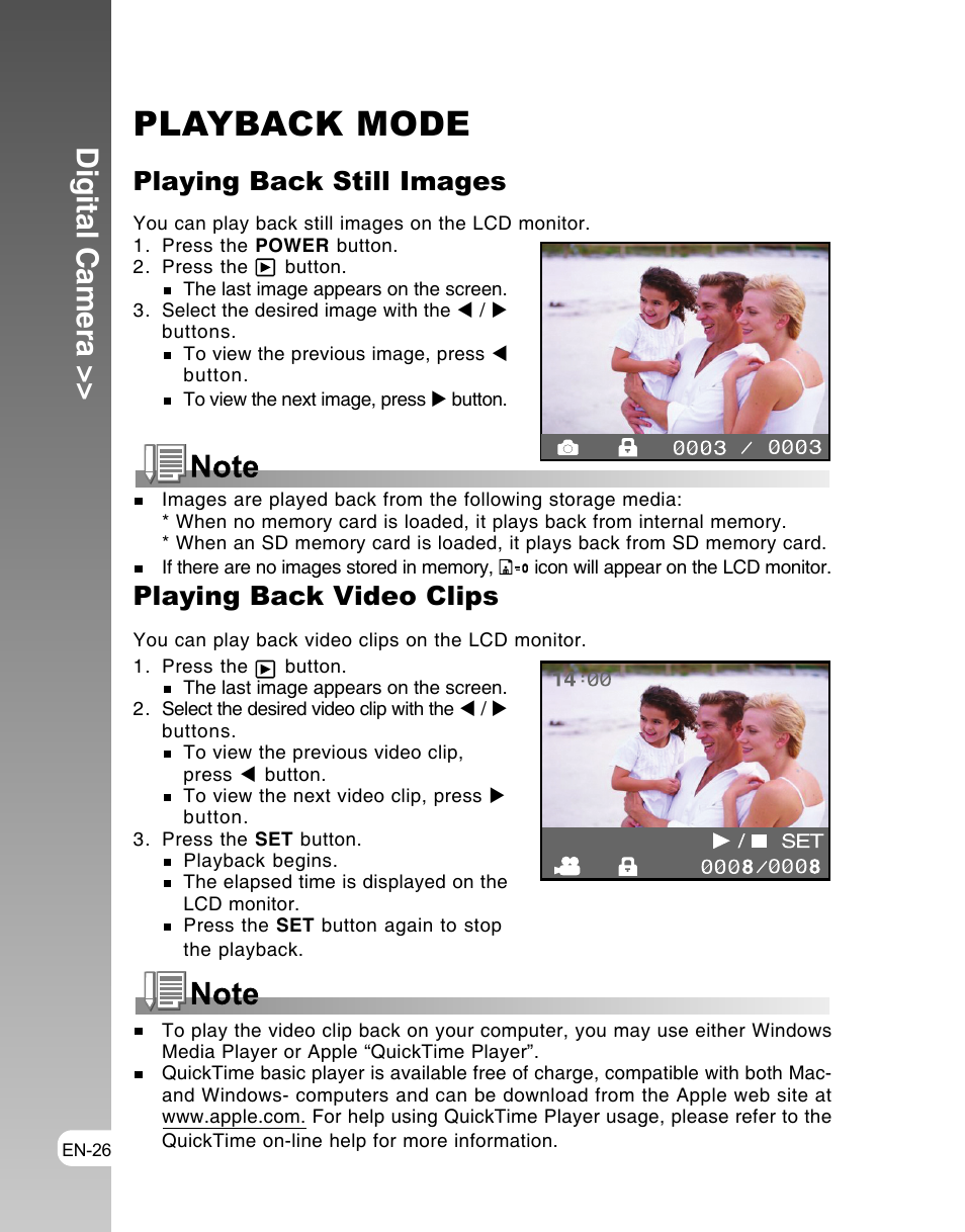 Playback mode, Digital camera, Playing back still images | Playing back video clips | Vivitar ViviCam 3105s User Manual | Page 26 / 45