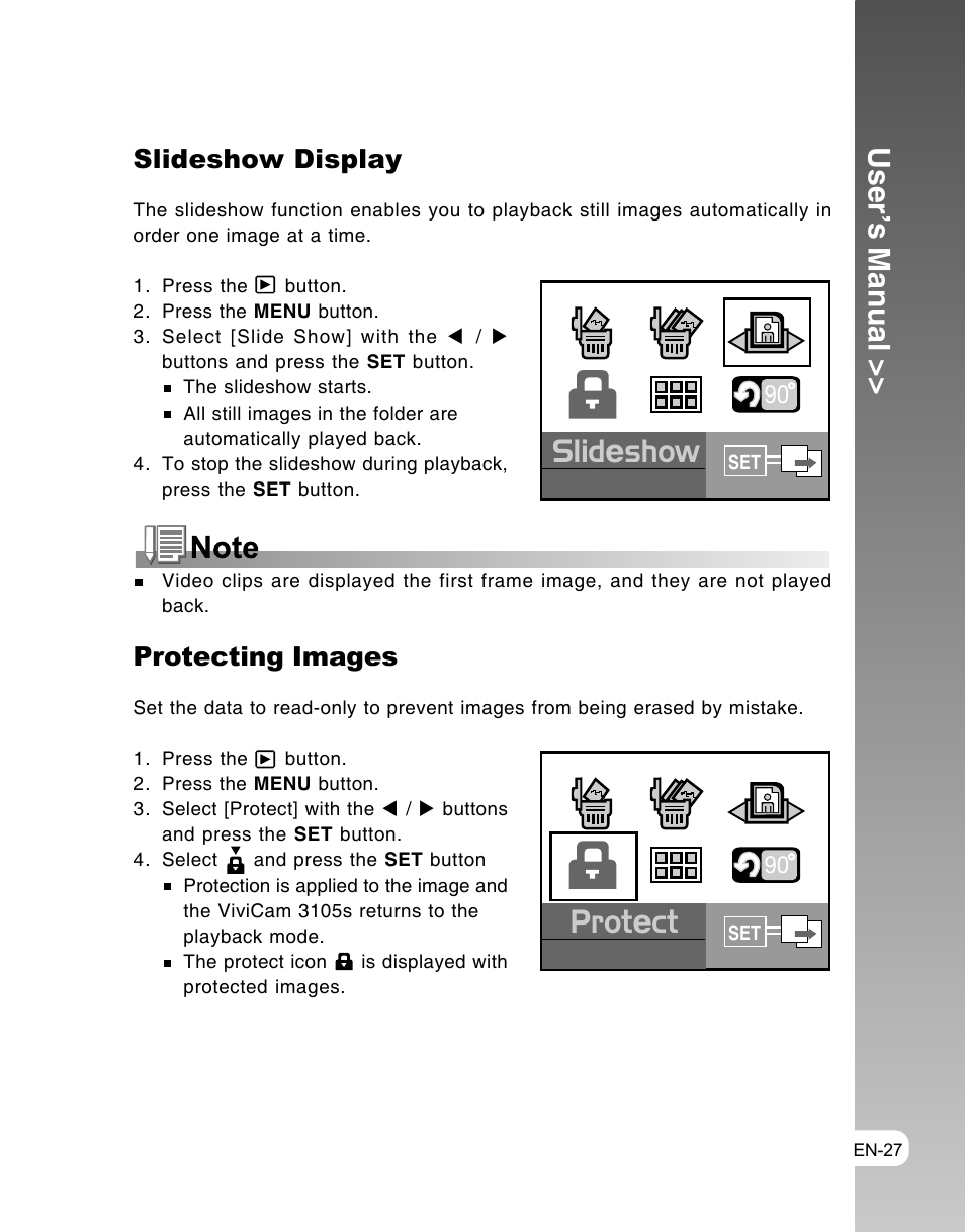 Slid e show, Prot e ct, User’s manual | Slideshow display, Protecting images | Vivitar ViviCam 3105s User Manual | Page 27 / 45