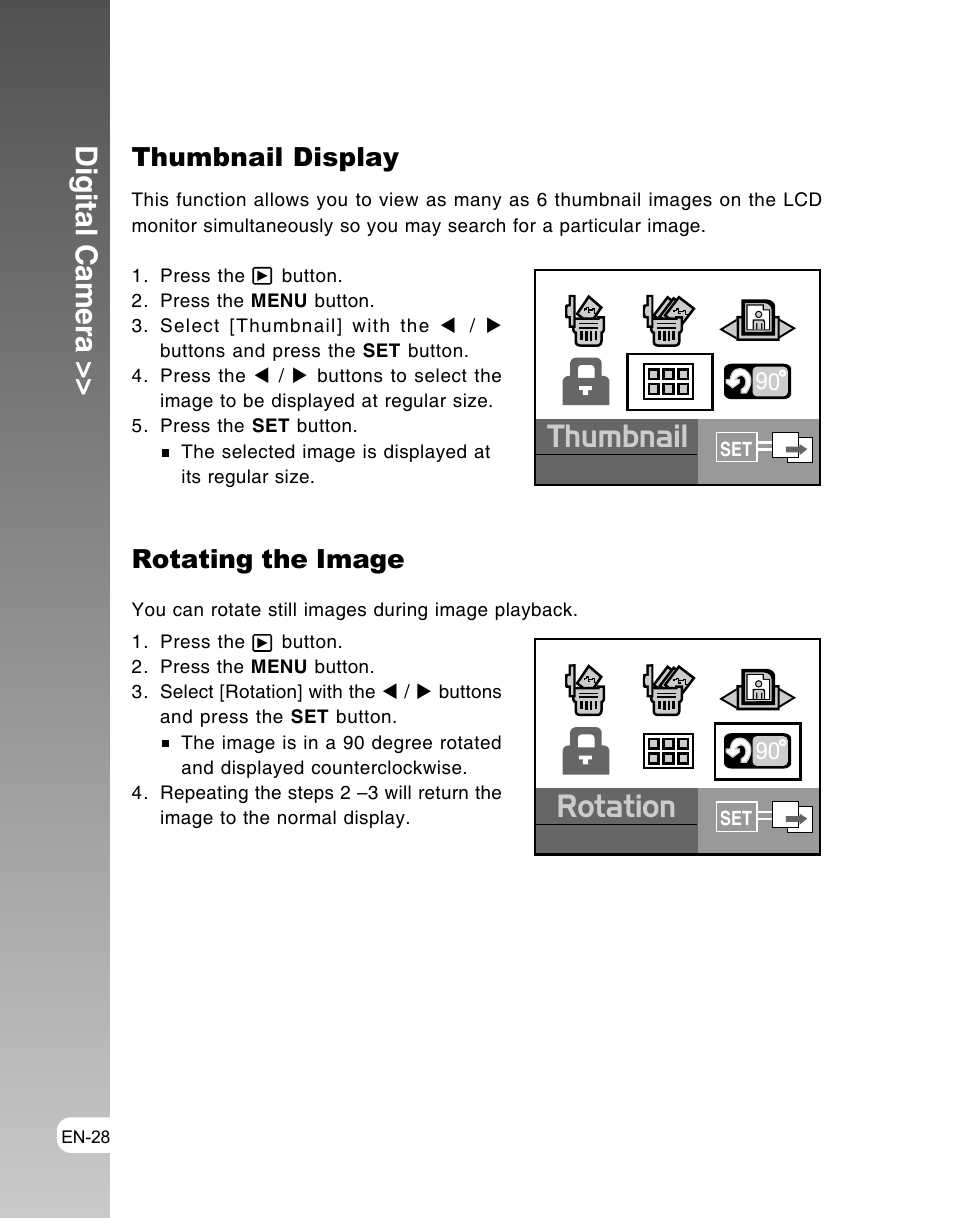 Thumbnail, Rotation, Digital camera | Thumbnail display, Rotating the image | Vivitar ViviCam 3105s User Manual | Page 28 / 45