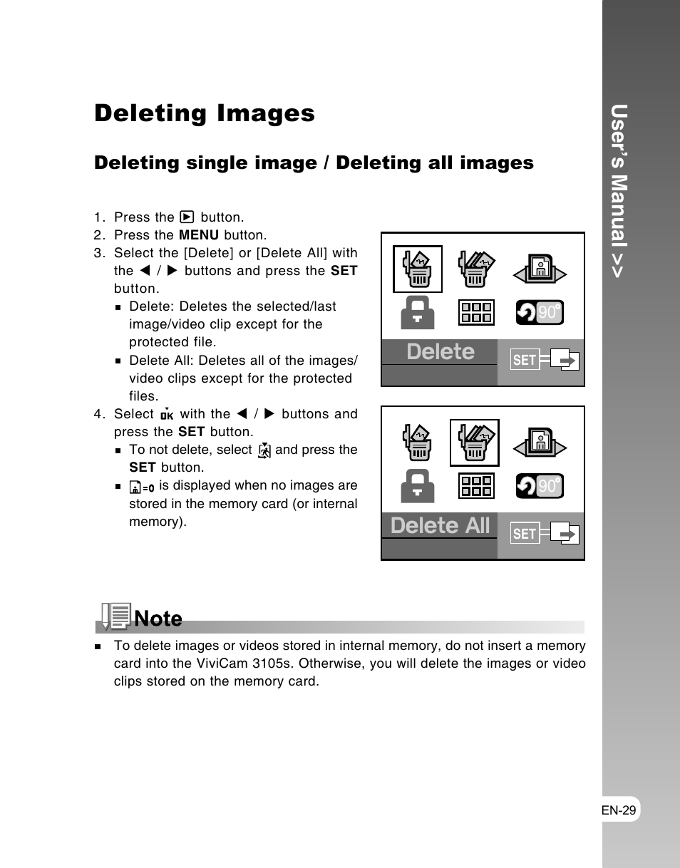 Deleting images, User’s manual, Deleting single image / deleting all images | Vivitar ViviCam 3105s User Manual | Page 29 / 45