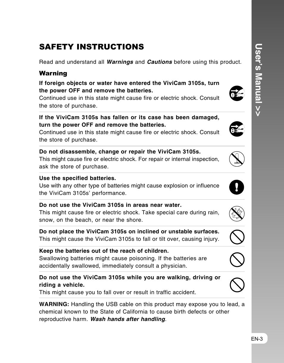User’s manual, Safety instructions | Vivitar ViviCam 3105s User Manual | Page 3 / 45