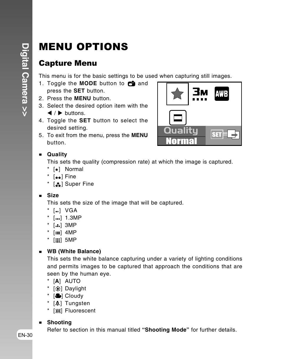 Menu options, Quality, Digital camera | Normal, Capture menu | Vivitar ViviCam 3105s User Manual | Page 30 / 45