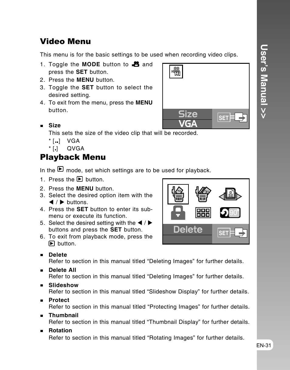 Siz e vga, User’s manual, Video menu | Playback menu | Vivitar ViviCam 3105s User Manual | Page 31 / 45