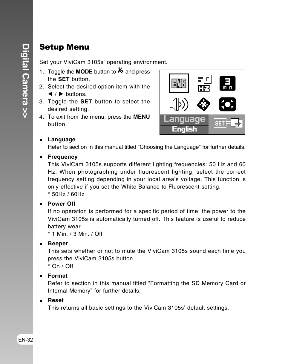 Language, Digital camera, Setup menu | Vivitar ViviCam 3105s User Manual | Page 32 / 45