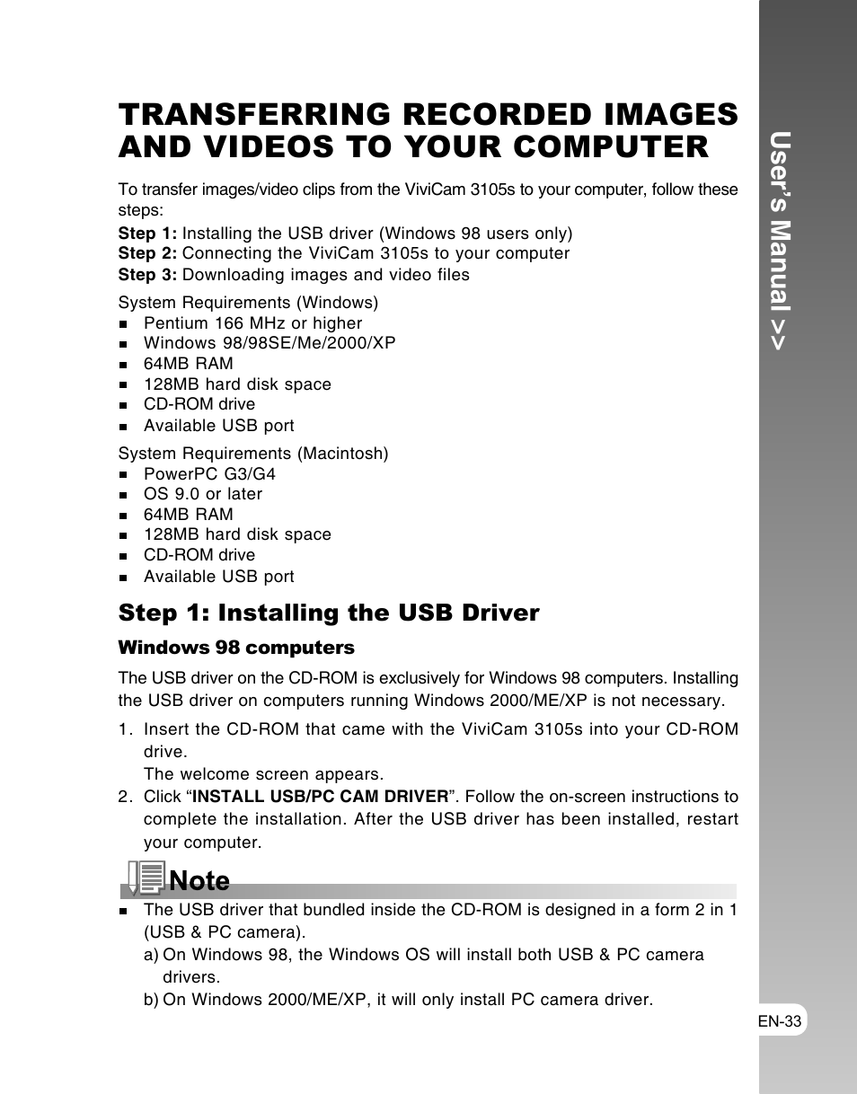 User’s manual, Step 1: installing the usb driver | Vivitar ViviCam 3105s User Manual | Page 33 / 45