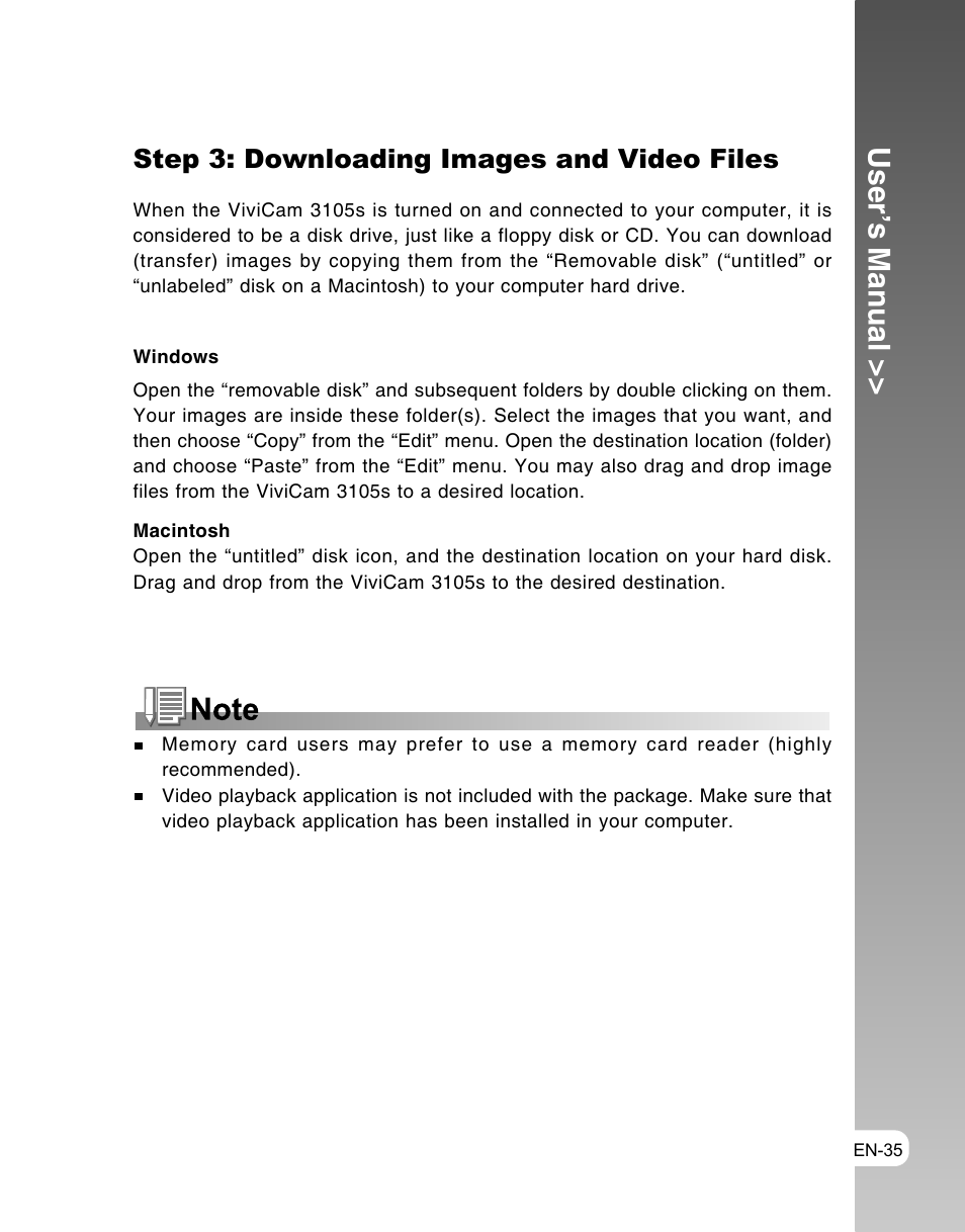 User’s manual, Step 3: downloading images and video files | Vivitar ViviCam 3105s User Manual | Page 35 / 45