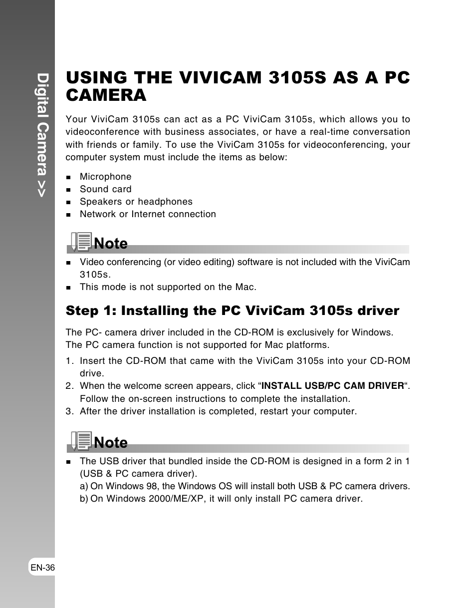 Using the vivicam 3105s as a pc camera, Digital camera | Vivitar ViviCam 3105s User Manual | Page 36 / 45