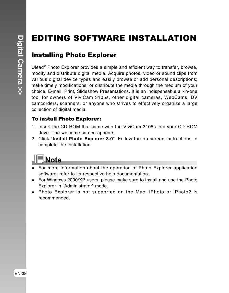 Editing software installation, Digital camera, Installing photo explorer | Vivitar ViviCam 3105s User Manual | Page 38 / 45