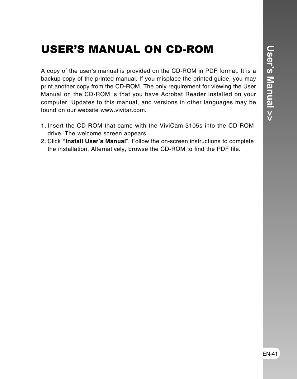 User’s manual on cd-rom, User’s manual | Vivitar ViviCam 3105s User Manual | Page 41 / 45
