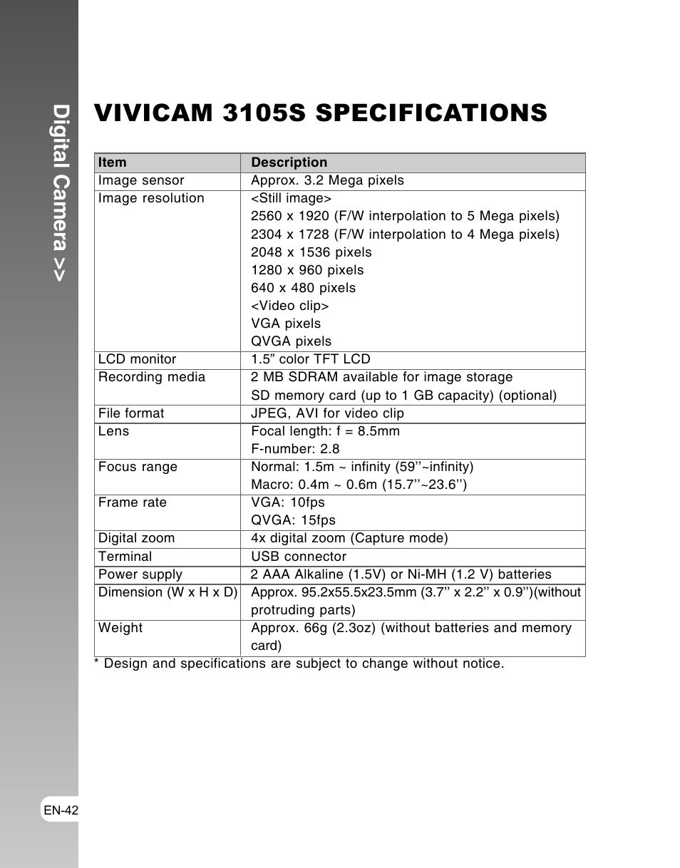 Vivicam 3105s specifications, Digital camera | Vivitar ViviCam 3105s User Manual | Page 42 / 45