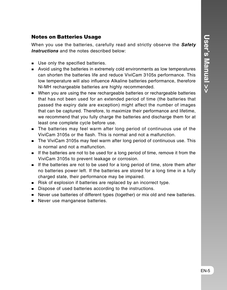 User’s manual | Vivitar ViviCam 3105s User Manual | Page 5 / 45