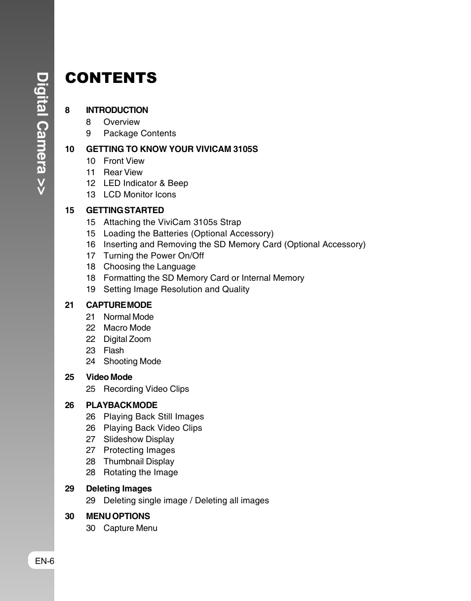 Digital camera >> contents | Vivitar ViviCam 3105s User Manual | Page 6 / 45