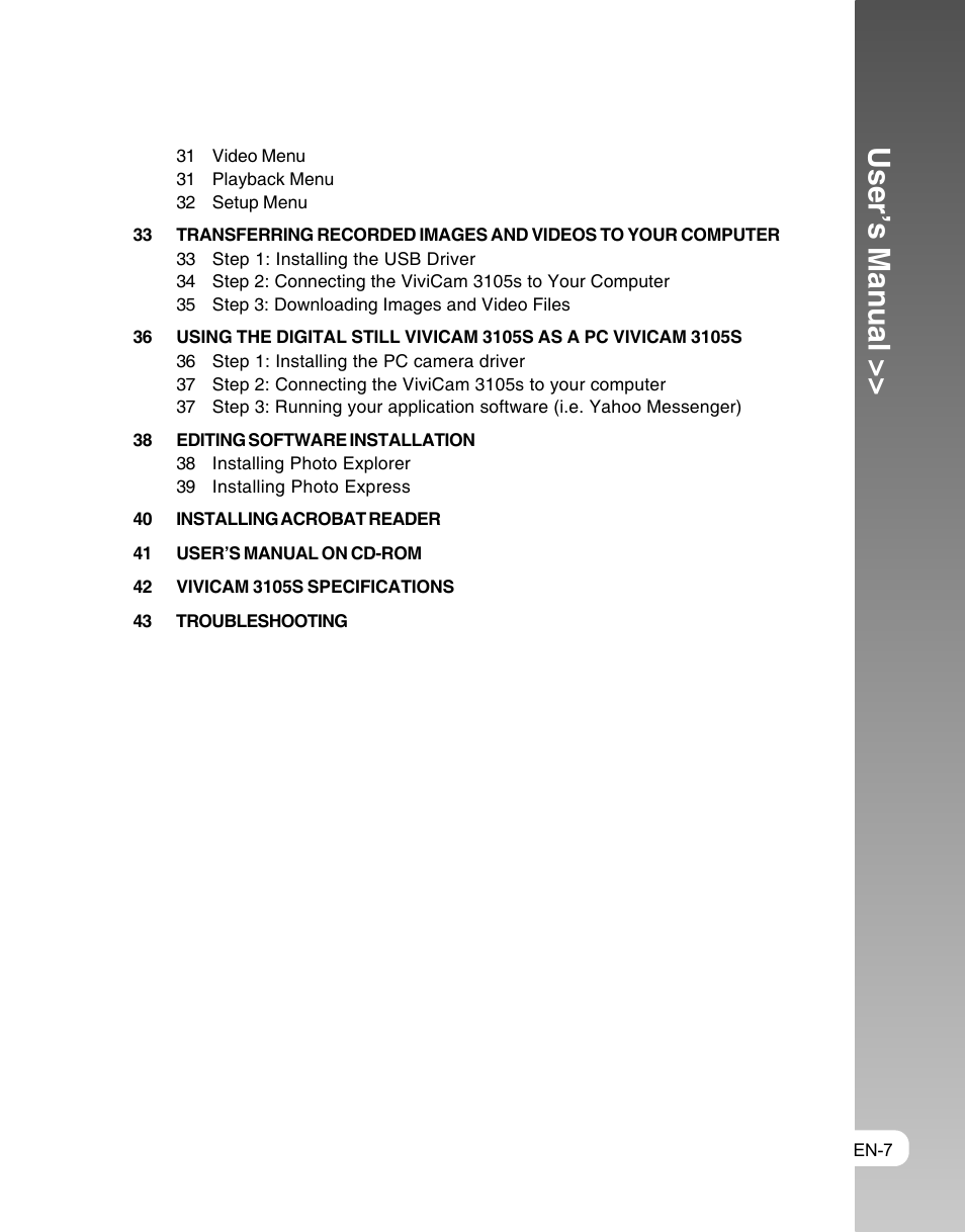 User’s manual | Vivitar ViviCam 3105s User Manual | Page 7 / 45
