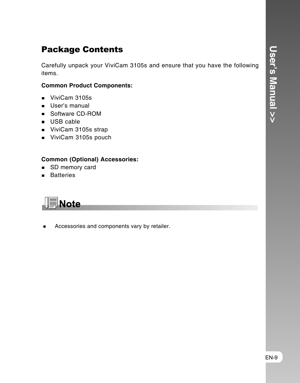 User’s manual, Package contents | Vivitar ViviCam 3105s User Manual | Page 9 / 45