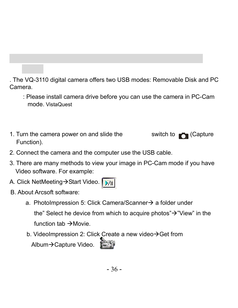 Using the vistaquest digital camera in pc-cam mode | VistaQuest VQ-3110 User Manual | Page 40 / 47