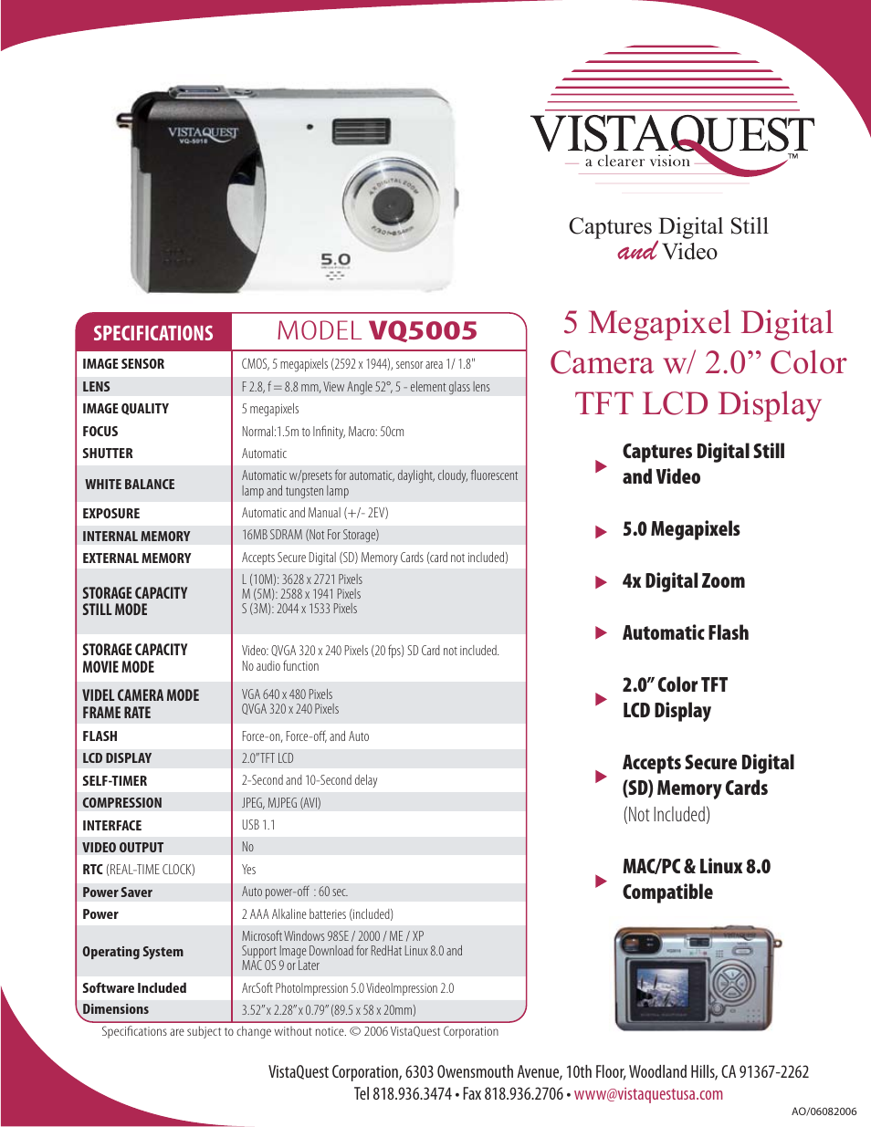 VistaQuest VQ5005 User Manual | 1 page