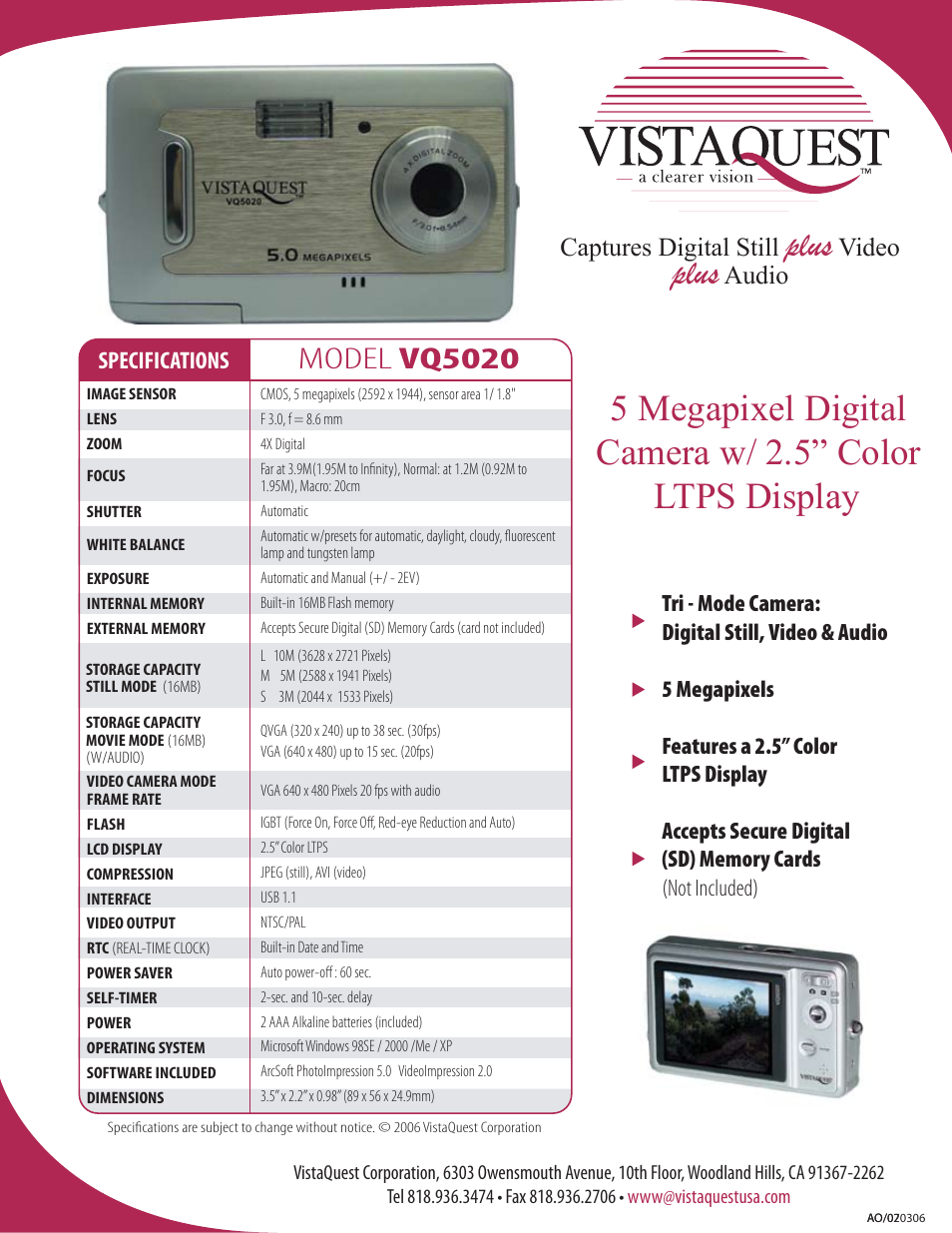 VistaQuest VQ 5020 User Manual | 1 page