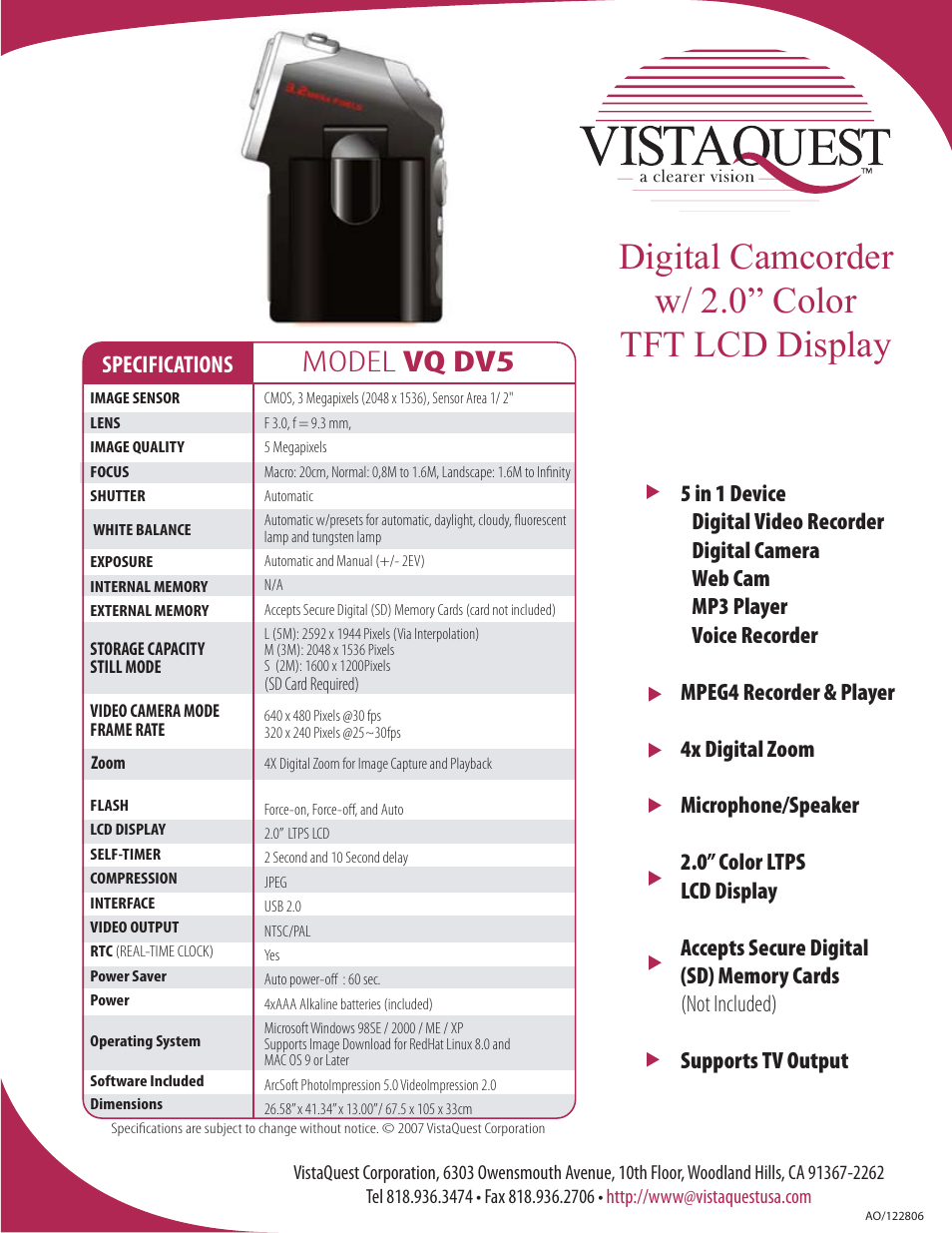 VistaQuest VQ DV5 User Manual | 1 page