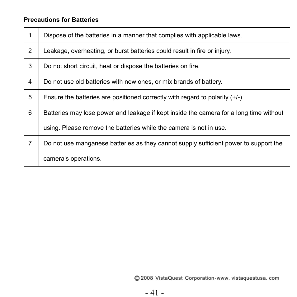 Precautions for batteries | VistaQuest VQ515 User Manual | Page 45 / 45