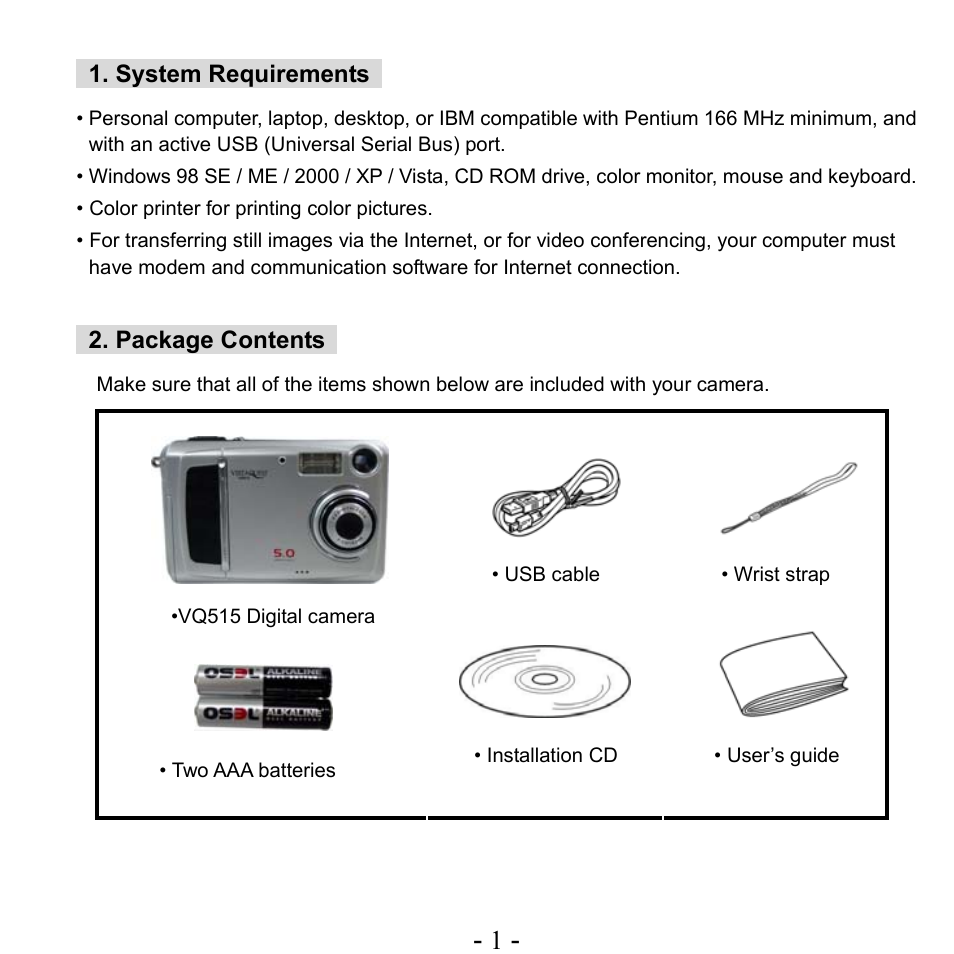 System requirements, Package contents | VistaQuest VQ515 User Manual | Page 5 / 45
