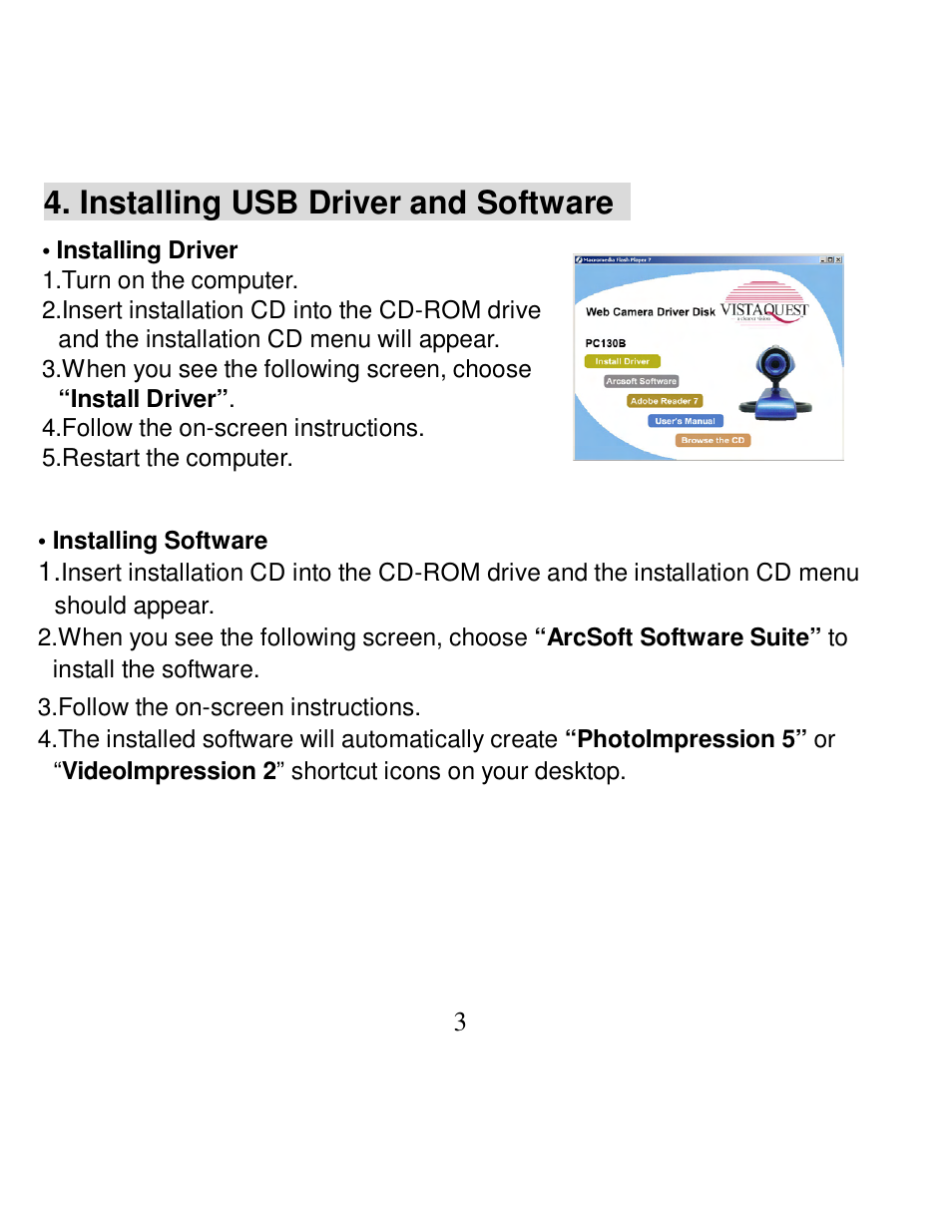 Installing usb driver and software | VistaQuest PC130B User Manual | Page 5 / 15