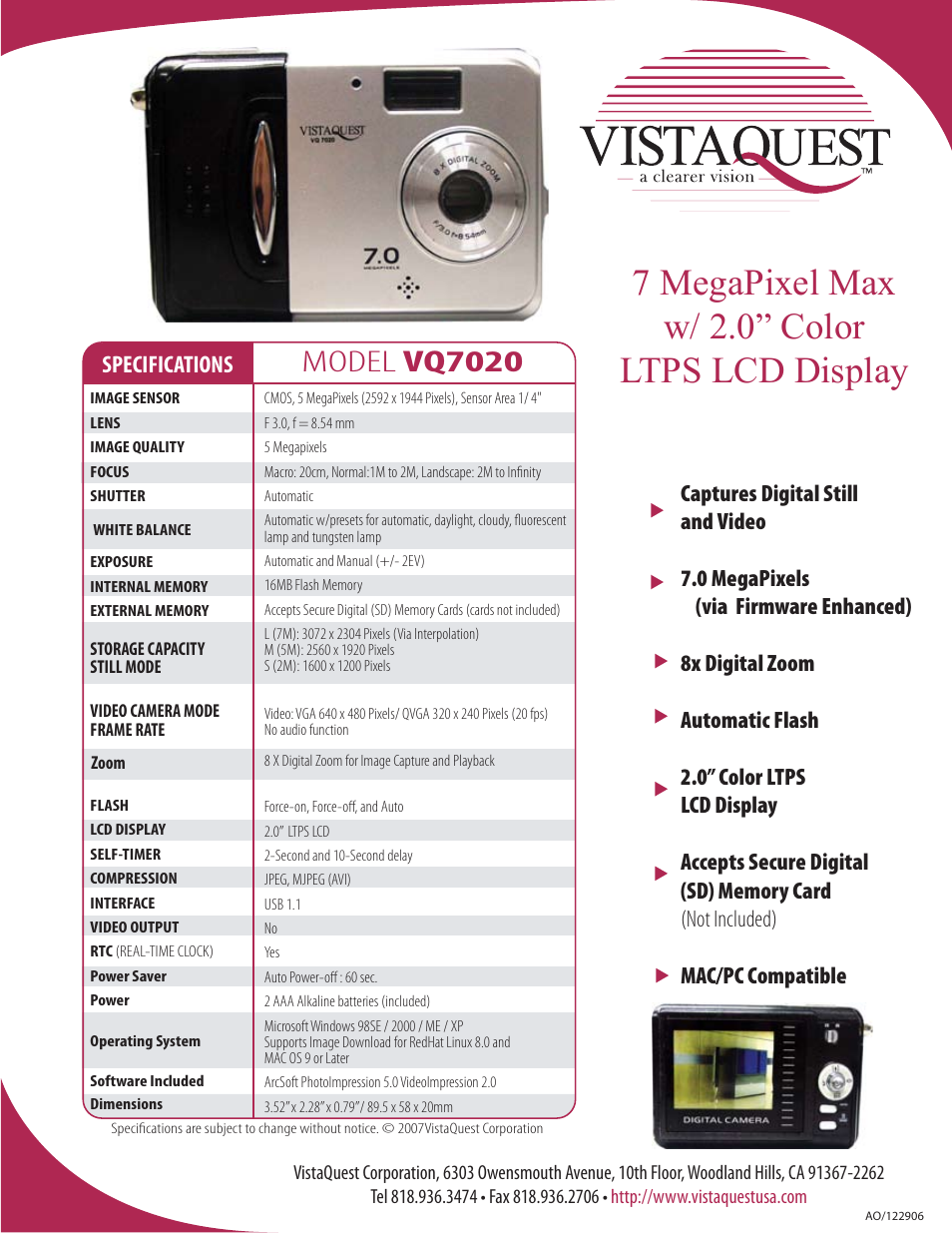 VistaQuest VQ7020 User Manual | 1 page