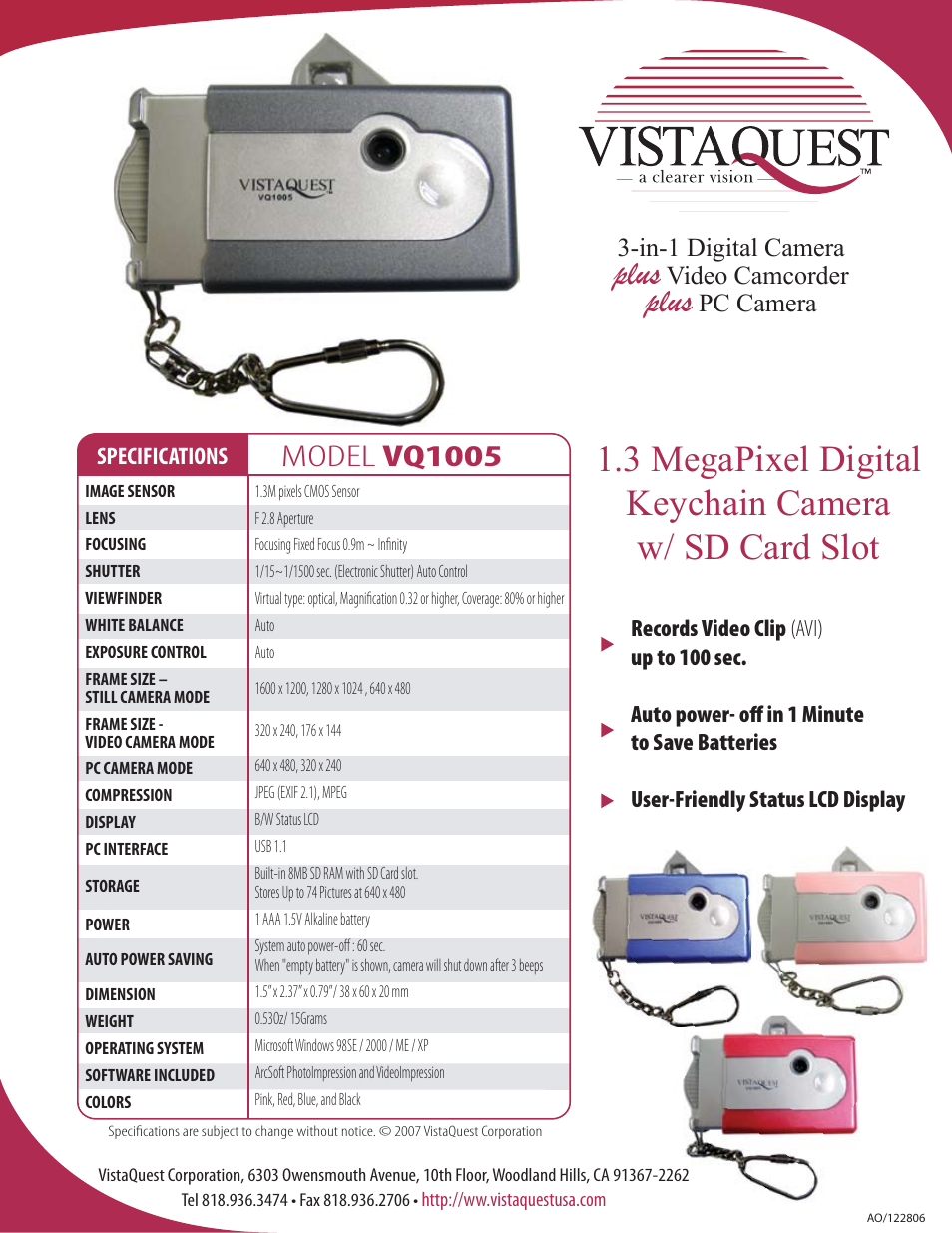 VistaQuest VQ1005 User Manual | 1 page