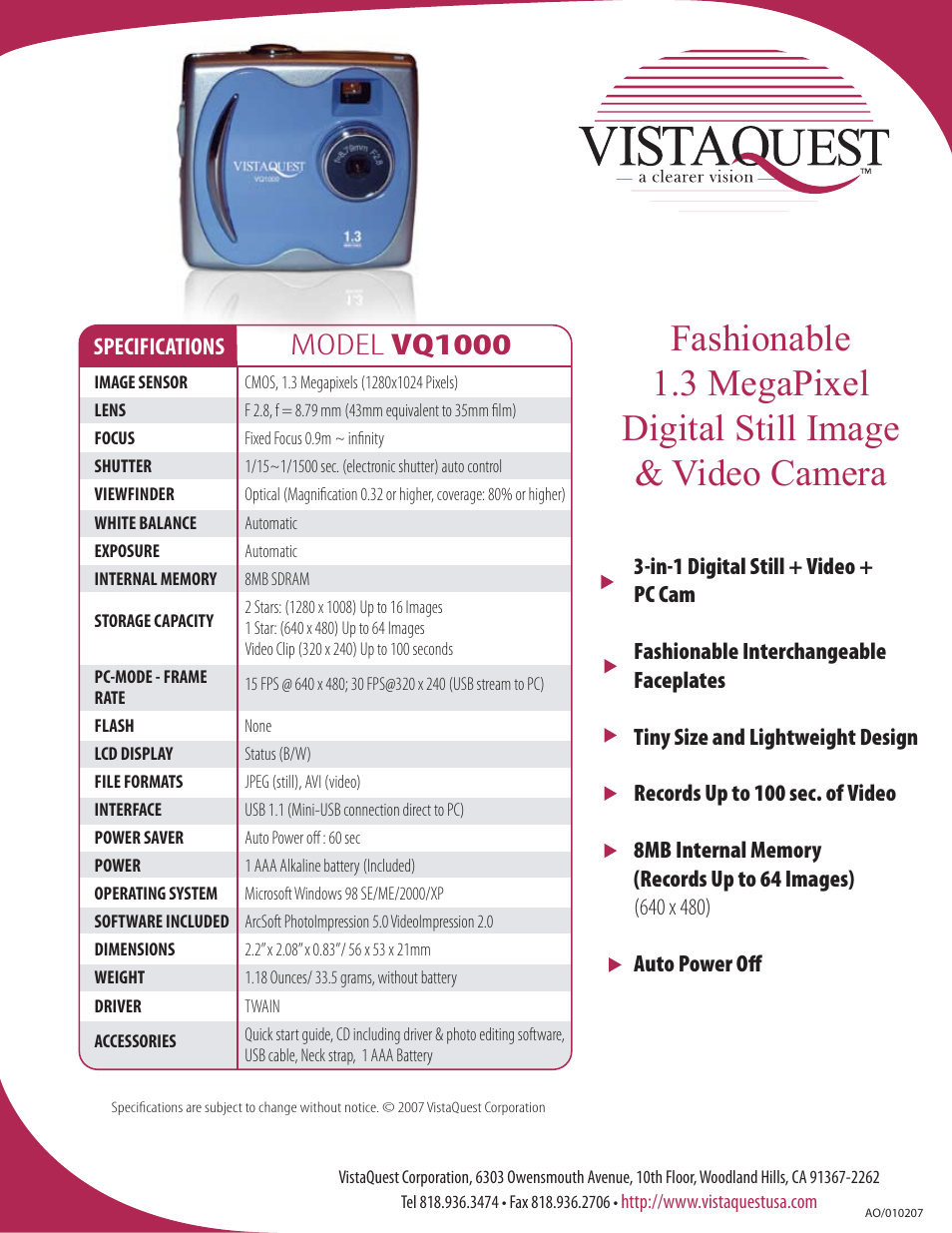 VistaQuest VQ1000 User Manual | 1 page