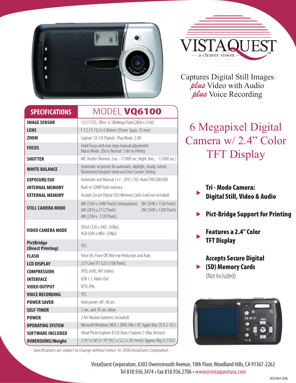 VistaQuest VQ6100 User Manual | 1 page
