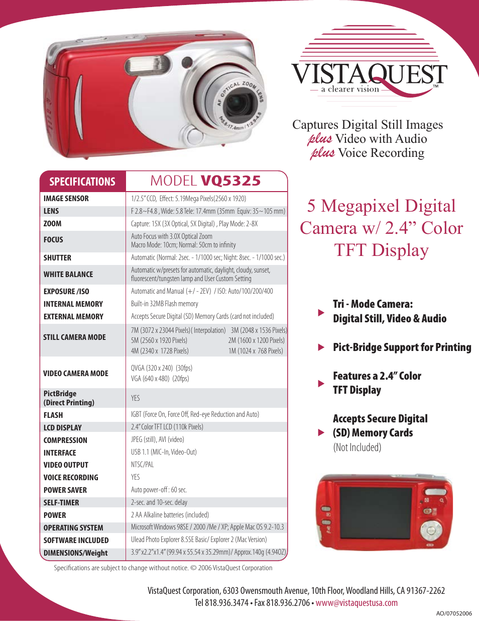 VistaQuest VQ5325 User Manual | 1 page