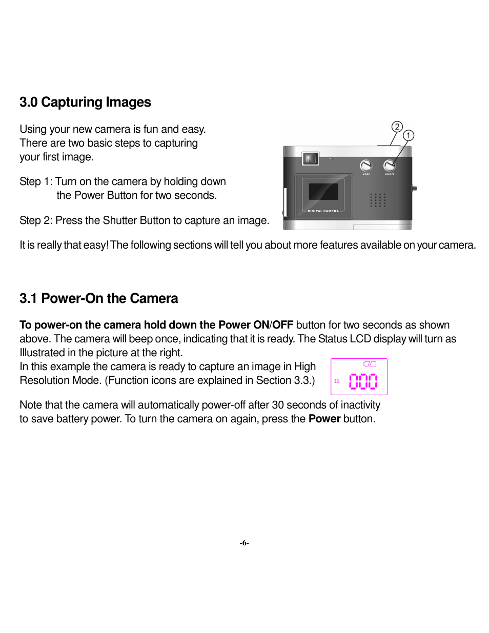 0 capturing images, 1 power-on the camera | VistaQuest VQ 350 User Manual | Page 10 / 29