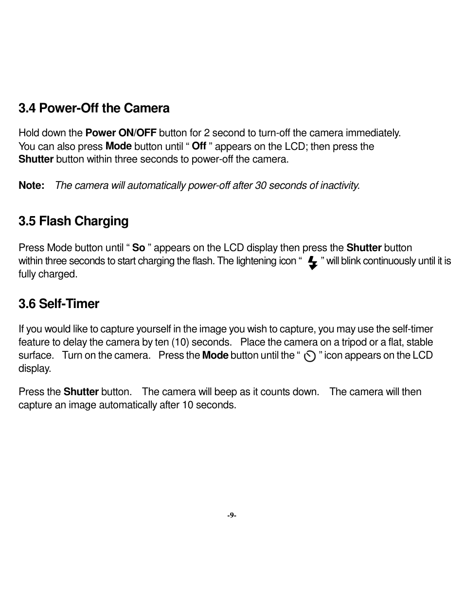 4 power-off the camera, 5 flash charging, 6 self-timer | VistaQuest VQ 350 User Manual | Page 13 / 29