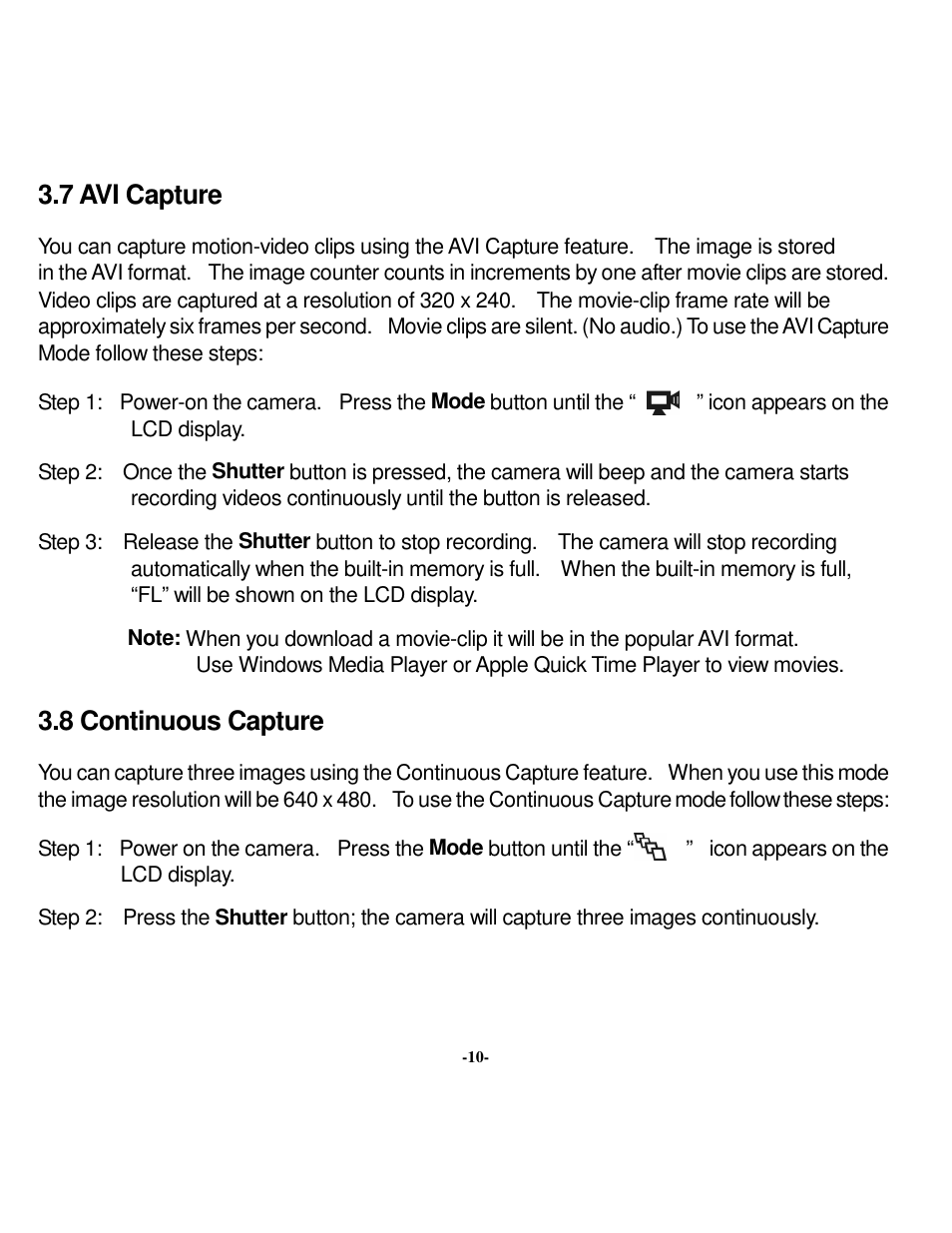 7 avi capture, 8 continuous capture | VistaQuest VQ 350 User Manual | Page 14 / 29